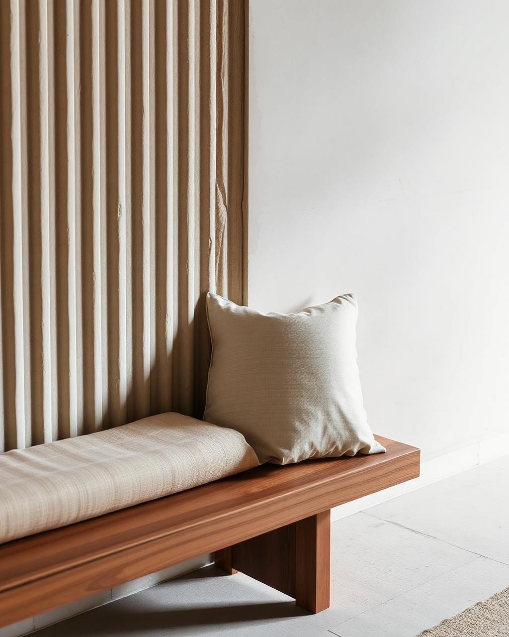 Vennala Residence — fluted limestone wall and silk cushion on a wooden bench